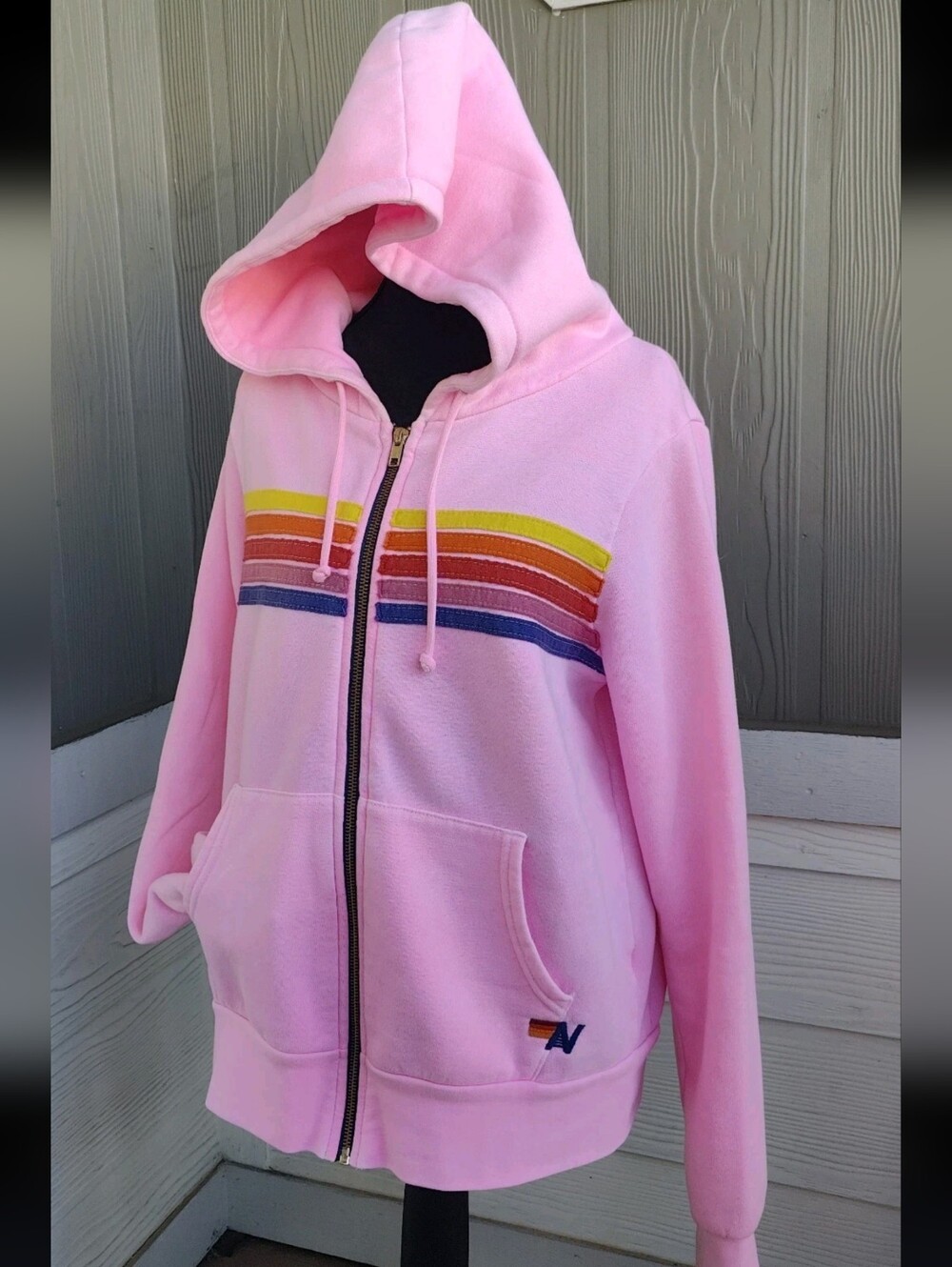 Aviator Nation Pink Zip Hoodie with Rainbow Stripe